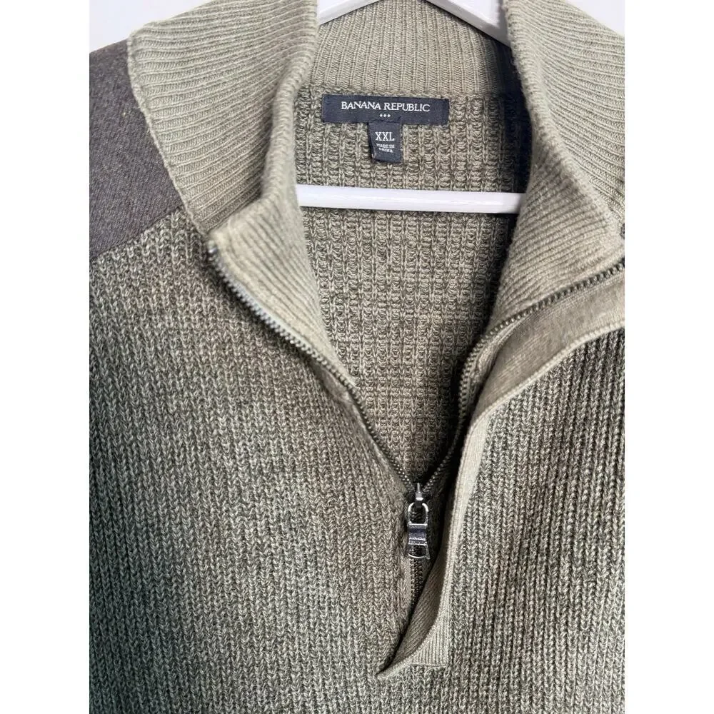 Banana Republic 1/4 Zip Knit Sweater with Shoulder Patches Olive Green Men's XXL
